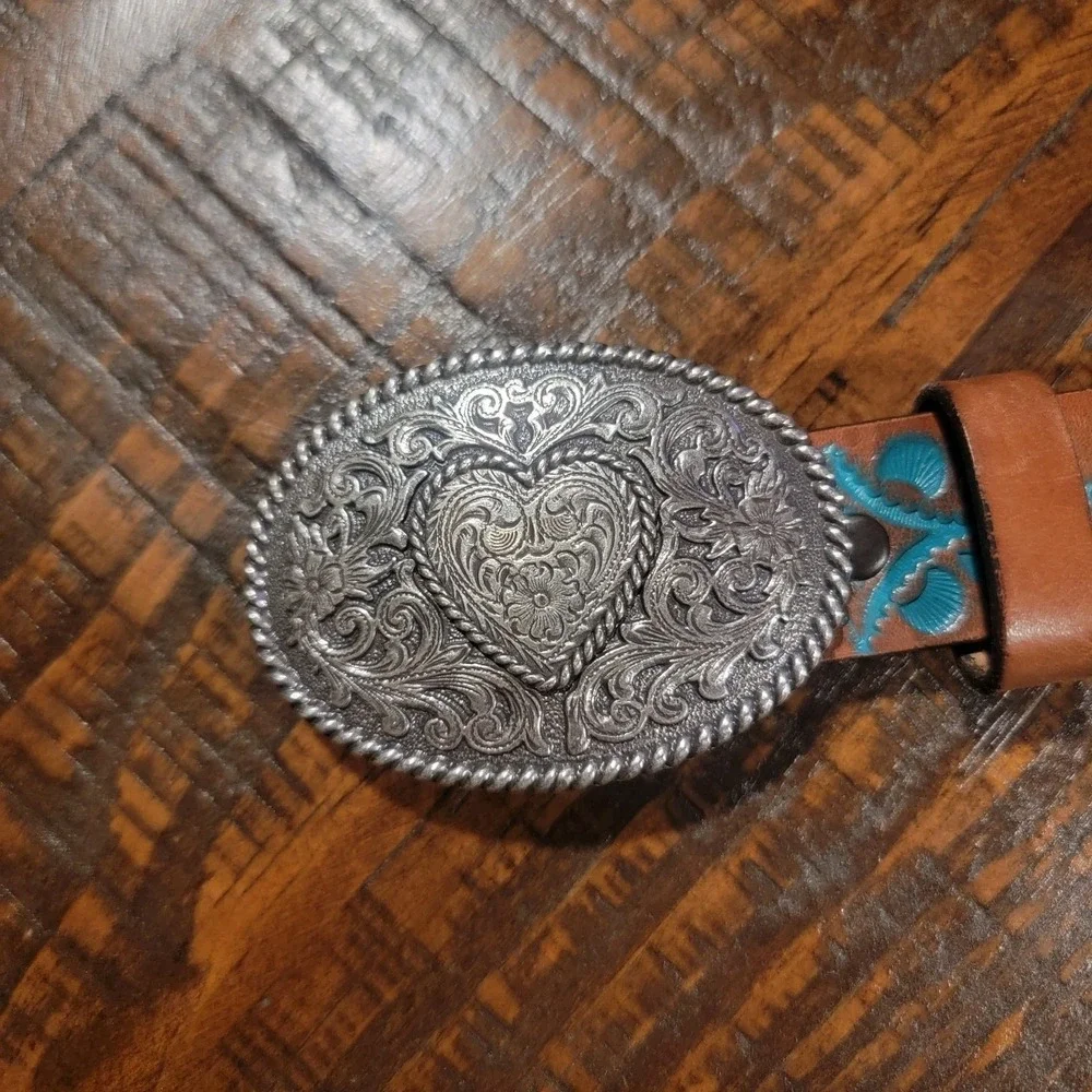 Justin Girls Belt Hope Brown Turquoise Tooled Leather Silver Heart Buckle Sz 30
